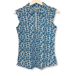 Icikuls Blue White Geometric Sleeveless Golf Shirt Medium